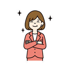 満足そうな顔で微笑む、若い女性会社員のベクターイラスト素材＿線幅の編集可能＿カラー