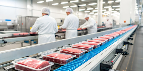 A group of workers are processing meat in a factory. The workers are wearing white lab coats and gloves. The meat is being processed in a conveyor belt