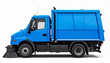 Side View Mockup of a Blue Street Sweeper Truck on White Background
