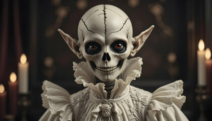 Elegant Undead: Close-up of a Cracked Skull Vampire in Ornate White Attire
