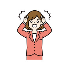 驚いて頭を抱える、若い女性会社員のベクターイラスト素材＿線幅の編集可能＿カラー