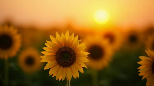 field of blooming sunflowers on a background sunset