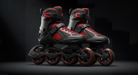 Fototapeta premium Sleek red and black inline skates poised for action against a dark backdrop