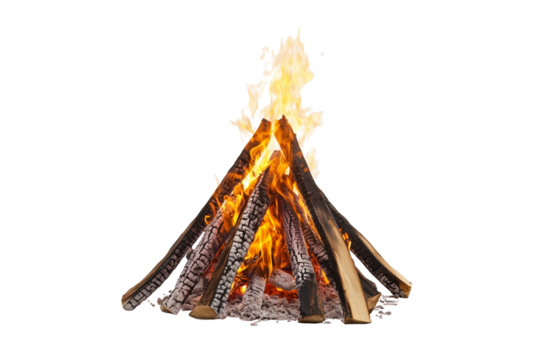 Wood burning campfire with bright flames isolated on transparent background