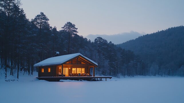 Cozy cabin on a snowy lake at twilight - Powered by Adobe
