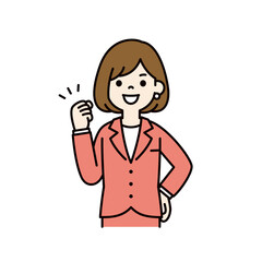 笑顔でガッツポーズをする、若い女性会社員のベクターイラスト素材＿線幅の編集可能＿カラー