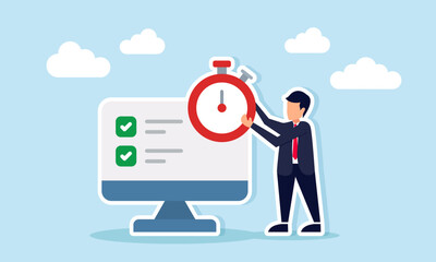 Businessman holding stopwatch beside monitor displaying checklist illustration of business project timeline and deadline management