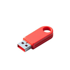 Red usb flash drive storage device for data transfer and backup on black background on transparent background