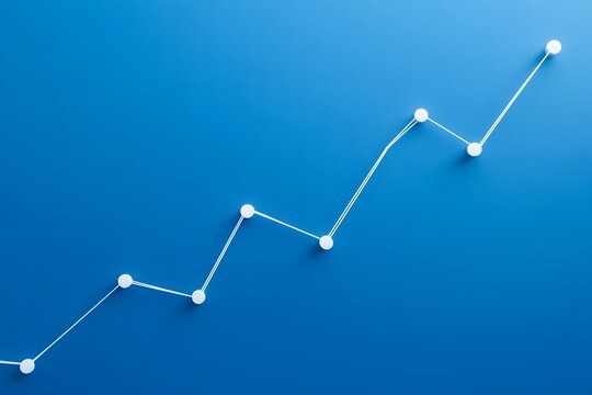 A simple white line graph on a blue background, representing an upward-trending sales curve with four small dots connected by straight lines to represent growth in the chain of data points