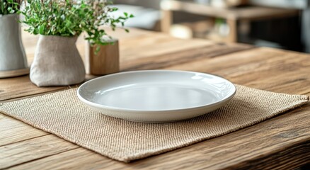 Empty white plate on a wooden table with plants