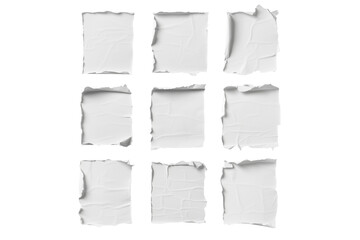 Set of square pieces of textured white paper with torn edges isolate on transparent background, cutout, png