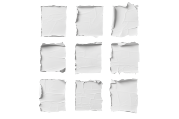 Set of square pieces of textured white paper with torn edges isolate on transparent background, cutout, png