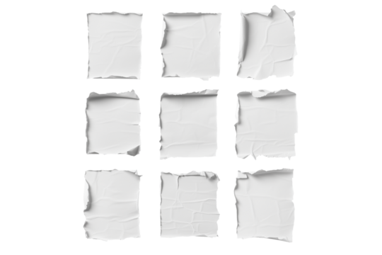Set of square pieces of textured white paper with torn edges isolate on transparent background, cutout, png