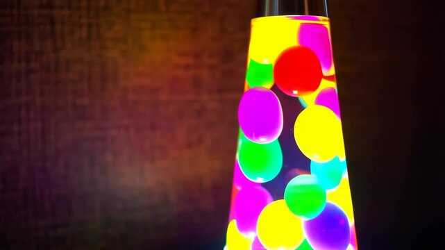 Colorful psychedelic lava lamp glowing with red, yellow, green, and blue round shapes against a dark background