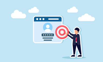 Businessman standing next to login app interface holding target board illustration of app security for achieving business goals digitally