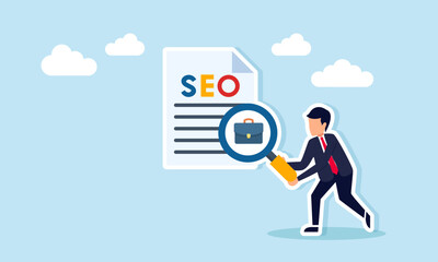 Businessman analyzing SEO document with magnifying glass near briefcase illustration of optimizing business website to improve performance