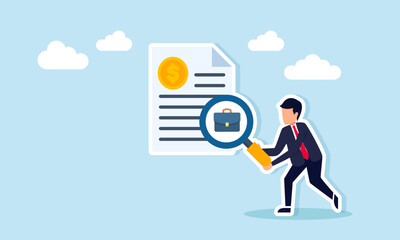 Businessman analyzing profitable project opportunities with magnifying glass near dollar coin document and briefcase illustration