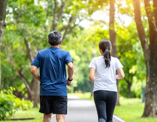 美しい公園をジョギングする中年の日本人の男女の後ろ姿（AI生成画像）