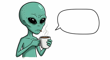 Alien Drinking Coffee, Cartoon Character with Thought Bubble