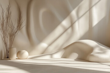 A serene, minimalist interior scene featuring soft, curved walls and sculptural vases. The warm, neutral tones are enhanced by natural light, casting gentle shadows that create a tranquil.