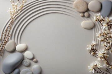 A peaceful minimalist composition featuring smooth white and grey stones, delicate blossoms, and soft sand ripples, creating a serene and calming atmosphere, perfect for wellness.