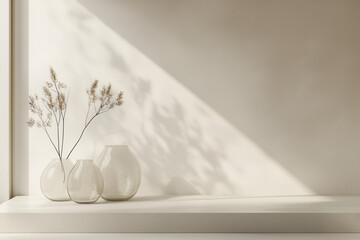 A serene and minimalist composition featuring three simple vases with dried branches, gently lit by natural sunlight casting soft shadows on the neutral background. 