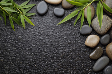 A peaceful Zen-inspired scene featuring smooth stones arranged on a black gravel surface with bamboo leaves framing the composition, evoking a calming and meditative atmosphere.