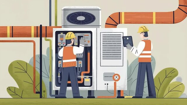 Animated technicians in hard hats and vests service an HVAC system, one working on a panel, the other with a tablet