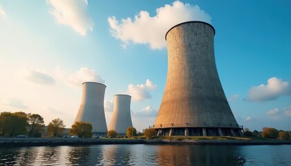 Fototapeta premium Large industrial cooling tower, intricate structure, water evaporation, heat dissipation, energy efficiency , air, climate, efficiency
