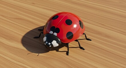 Obraz premium Captivating ladybug art piece on wooden platform, highlighting vibrant color contrasts