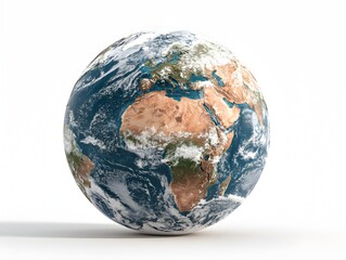 A detailed 3D rende of planet Earth showcasing continents, oceans, and cloud formations against a pure white background.