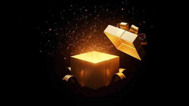 Floating Golden Gift Box Opening in Dark Space