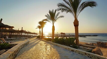 Obraz premium Sunset Over Ocean with Palm Trees on Sandy Coastline creating Warm Atmosphere