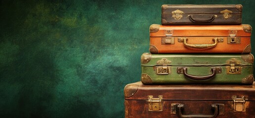 Vintage Suitcases Stacked Against a Green Background: A Nostalgic Travel Memory