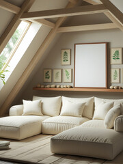Mockup poster frame in bright attic living room with cream sectional sofa, wooden beams, botanical prints and natural stone decor