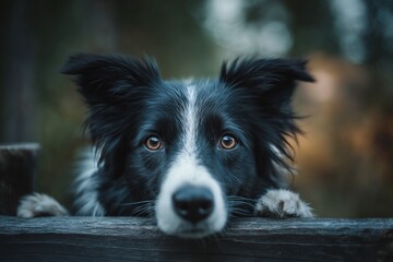 Fototapeta premium Border Collie Looking Over a Fence with Intense Eyes and Focused Expression
