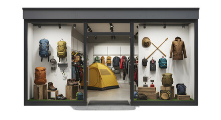 Outdoor gear display in a retail shop featuring tents, backpacks, and clothing, showcasing an adventure lifestyle