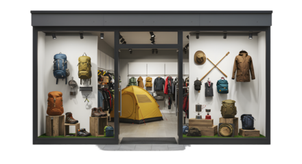 Outdoor gear display in a retail shop featuring tents, backpacks, and clothing, showcasing an adventure lifestyle