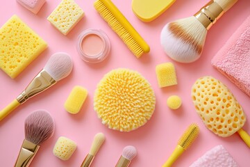 Various yellow and pink cleaning and makeup tools on a pink background