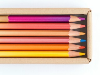 Fototapeta premium Beautifully arranged box of colorful vibrant pencils showcasing a gradient of hues against a clean bright white background