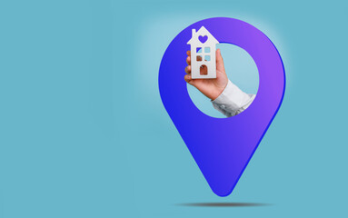 Hand holding a model house and location pin, real estate concept.
House for sale banner