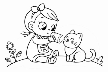 Baby girl feeding milk to cat coloring page clipart cartoon character. Children day vector illustration