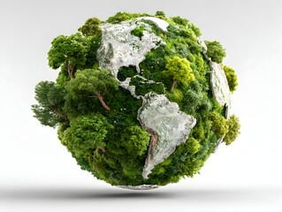 A lush green Earth globe covered in trees and plants symbolizes environmental conservation and sustainable living for a healthy planet.