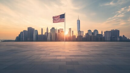 A vacant plaza featuring the American flag and a city skyline during sunset in New York City.
