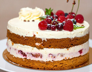 A delicious slice of white cheesecake with a red berry and a piece of chocolate makes a tasty gourmet dessert