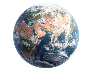 A detailed photorealistic rende of planet Earth showcasing continents oceans clouds and atmospheric details on a white background.