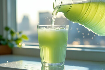 Refreshing Light Green Iced Tea Pouring into Glass on Bright Window Sill with Sunlight and City View, Cold Sparkling Drink with Bubbles and Condensation for a Thirst-Quenching Moment, High-Resolution 