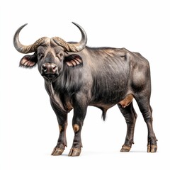 Fototapeta premium Majestic and powerful buffalo with large curved horns standing in a side view pose against a clean white background
