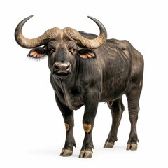 Powerful and Majestic African Buffalo with Curved Horns Isolated on Clean White Background  Full Body Side View Portrait of Large Fierce Looking Bovine Mammal from the Savanna or Grassland Ecosystem
