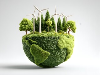 A lush green Earth model with wind turbines and trees symbolizes sustainable energy and environmental conservation for a cleaner future.